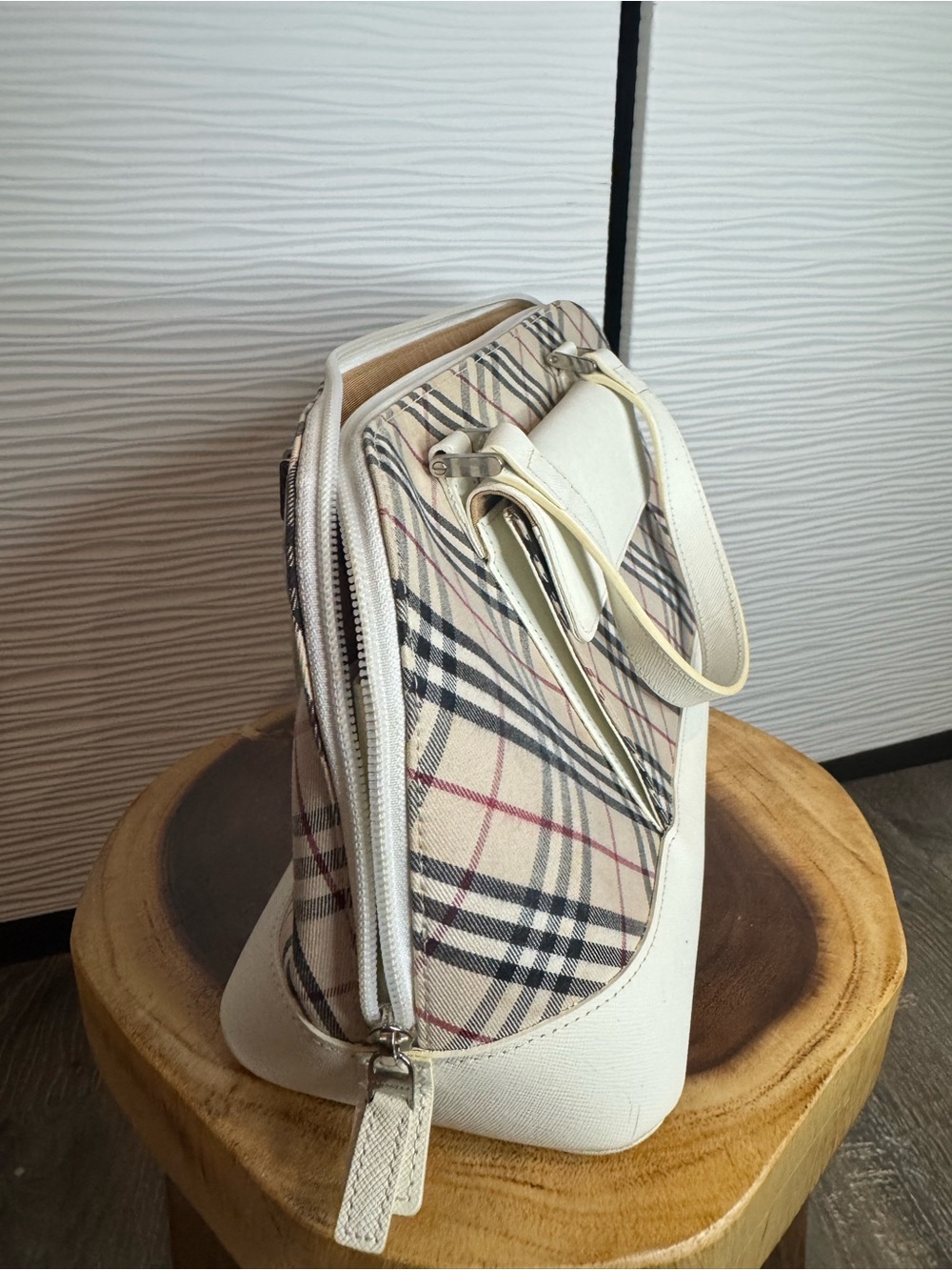 Beige Check Satchel with Cream Leather Trim - Picture 12 of 16